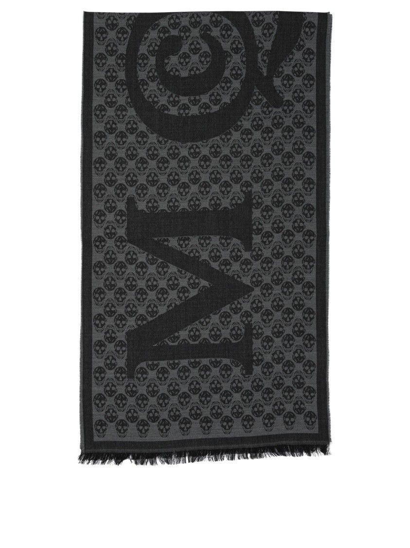 Alexander Mcqueen Multi-logo Wool Scarf With Fringed Edges In Black