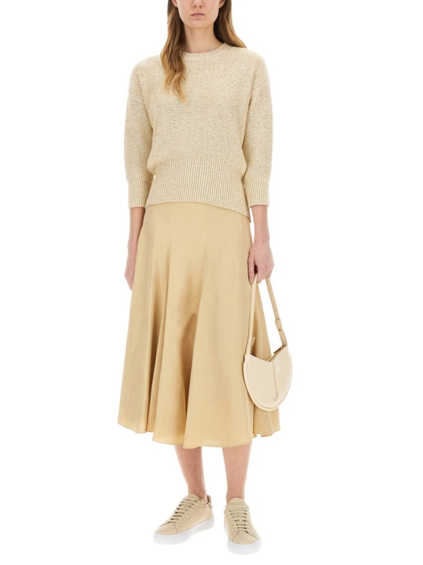 Fabiana Filippi Three-quarter Sleeve Cotton Jersey Top With Ribbed Hem In Neutrals