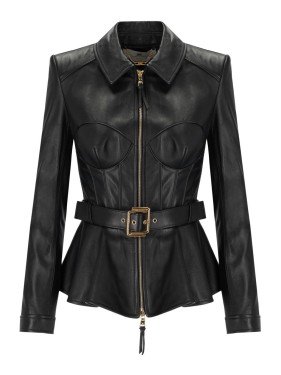レザージャケット・コート Elisabetta Franchi Cropped Leather Biker Jacket With Elisabetta Franchi Cropped Biker Jacket With Asymmetric
