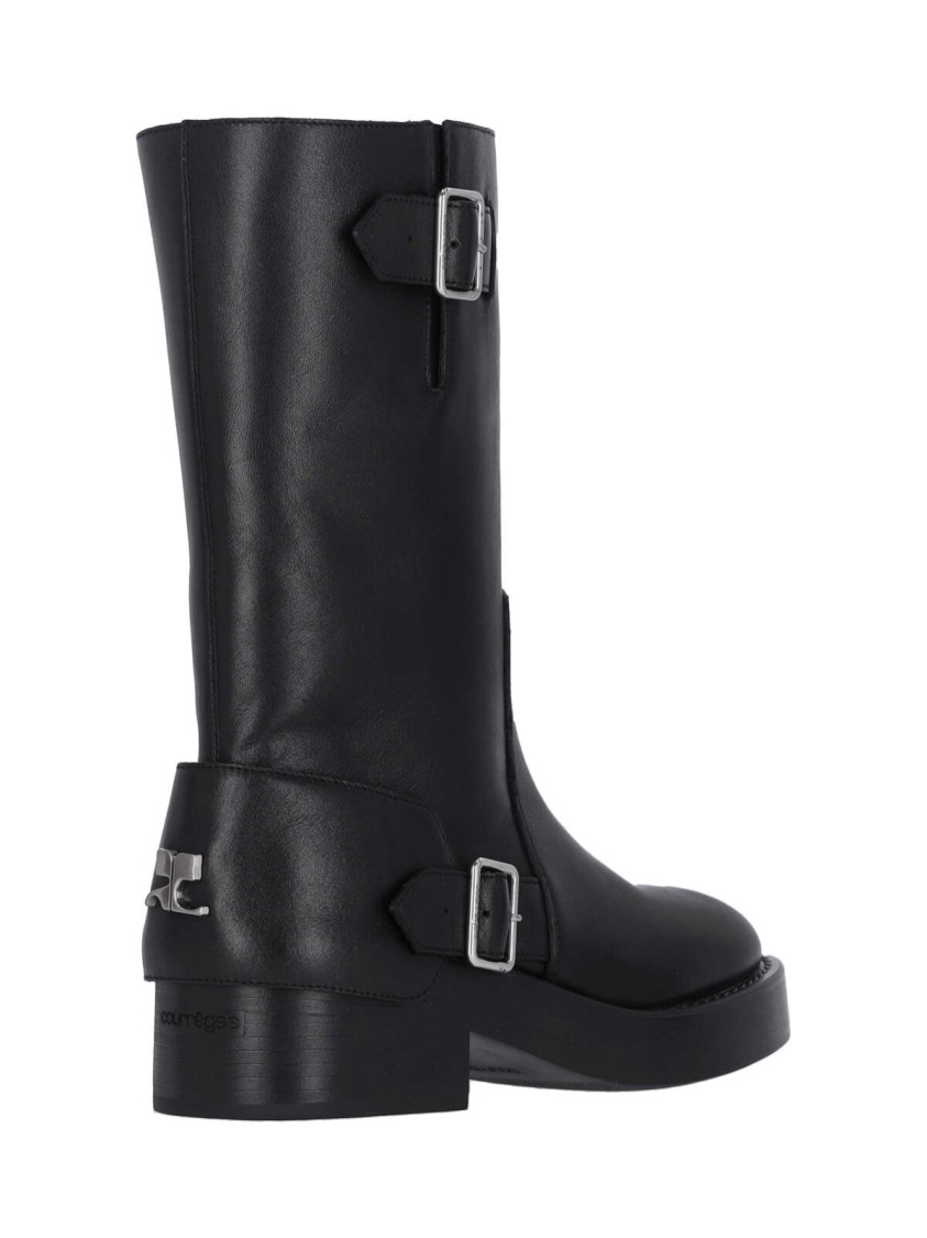 Shop Courrèges Americana Strappy Boots In Black Hammered Leather