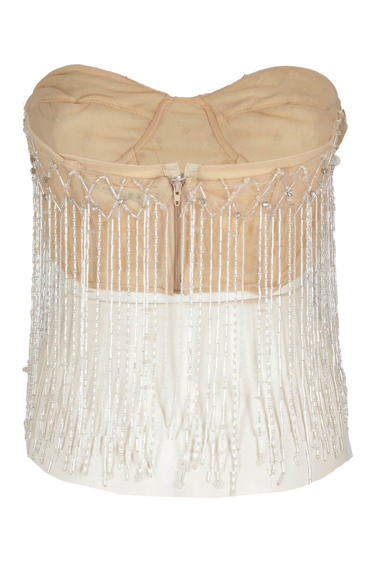 Shop Des Phemmes Fully Embroidered Tulle Top With Heart-shaped Neckline In Neutrals