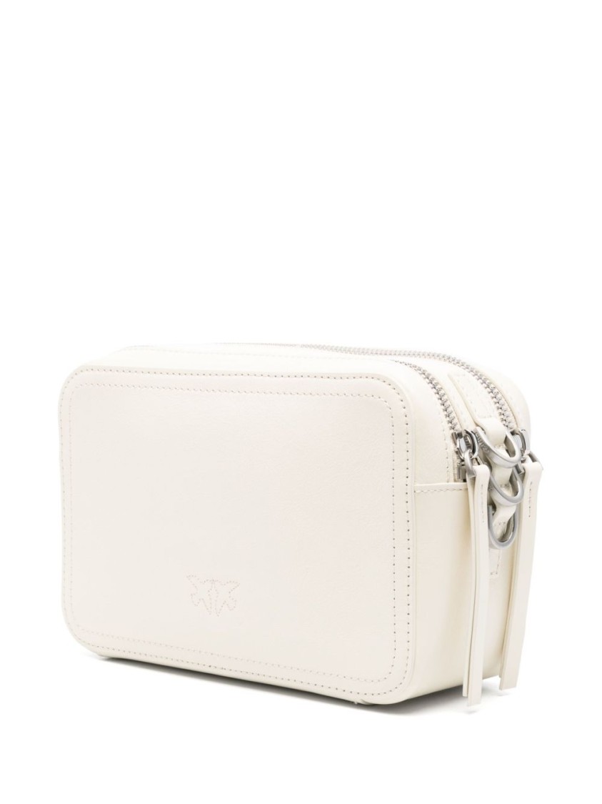 Pinko Sleek Rectangular White Leather Shoulder Bag With Embossed Logo