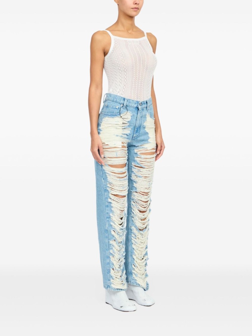 Mm6 Maison Margiela Mm6 By Maison Margiela Distressed Straight Leg Denim Jeans With White Stitching