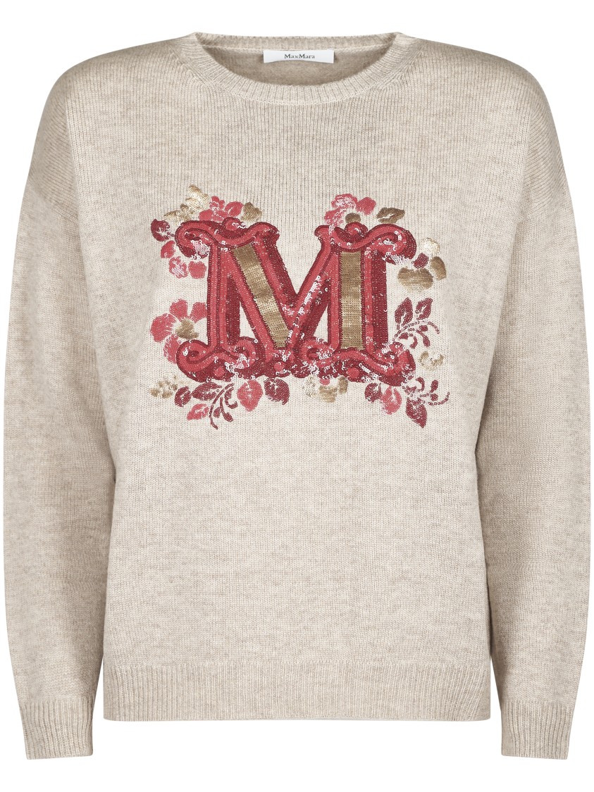 Max Mara Relaxed Fit Knit Sweater With Floral Sequin Detail In Brown