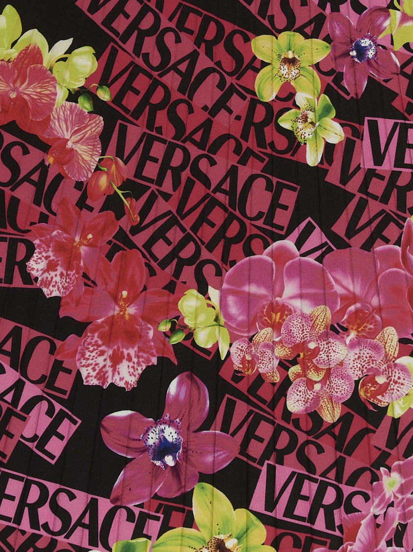 Versace Pleated Skirt With All-over Orchid Print In Burgundy