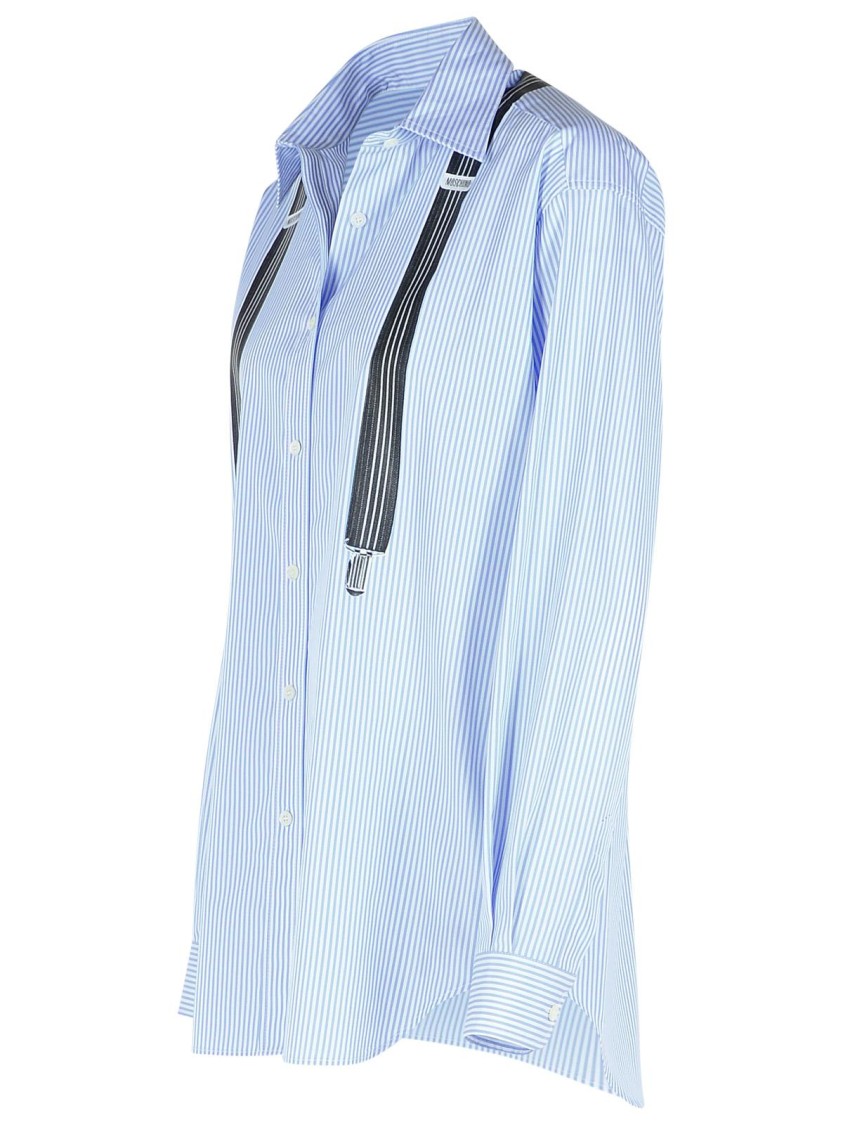 Moschino Couture Light Blue Cotton Striped Shirt With Decorative Straps In Blue