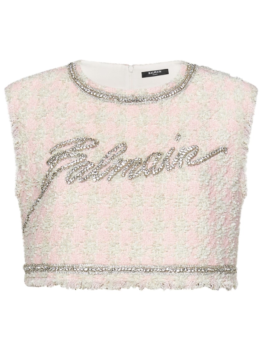 BALMAIN BALMAIN TAILORED CROPPED TOP IN TEXTURED COTTON BLEND TWEED