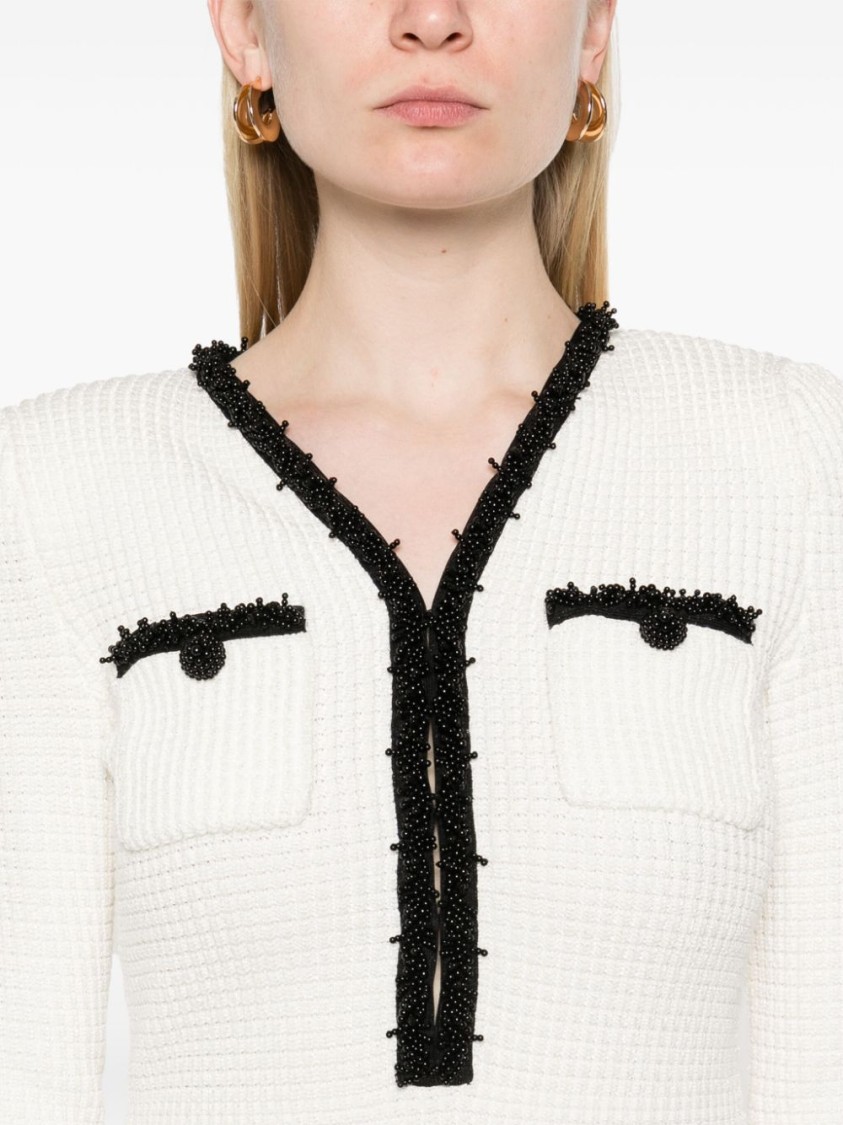 Self-portrait Textured White Dress With Beaded V-neckline In Neutral