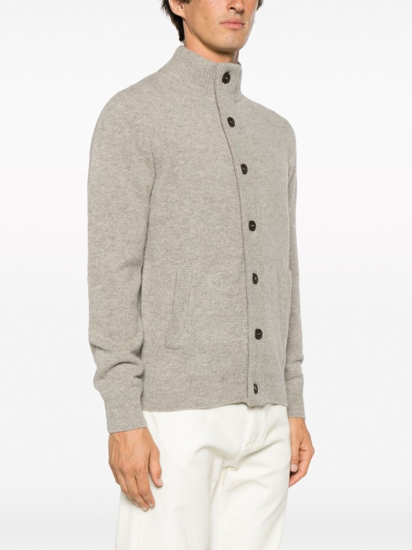 Barbour Fine Knit Wool Zip-through Sweater With High Neck And Button Closure In Gray
