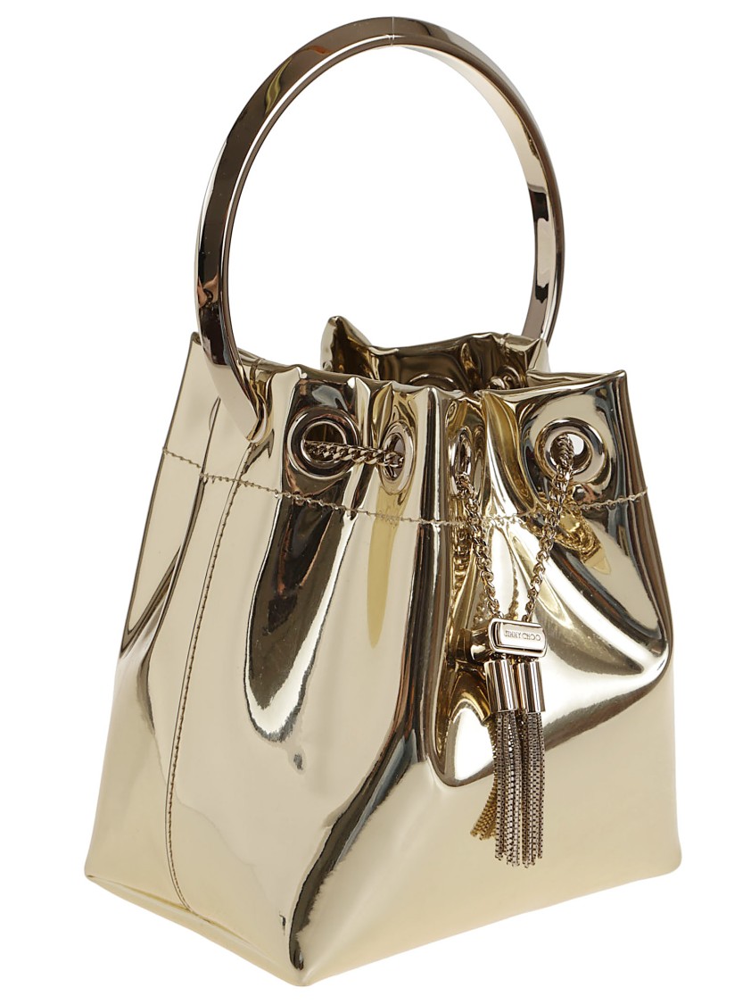 Jimmy Choo Shiny Mirror-effect Bon Bon Bag With Chain Drawstring And Metal Handle