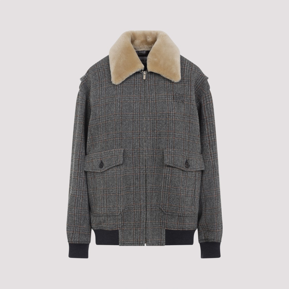 Miu Miu Grey Shearling-collared Jacket With Classic Check Pattern In Gray