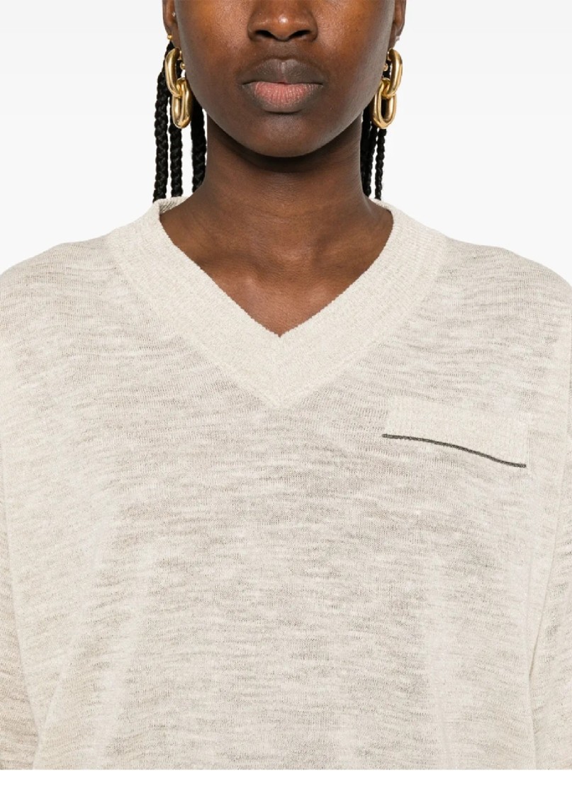 Brunello Cucinelli Soft Heathered V-neck Sweater With Subtle Pocket Detail In White