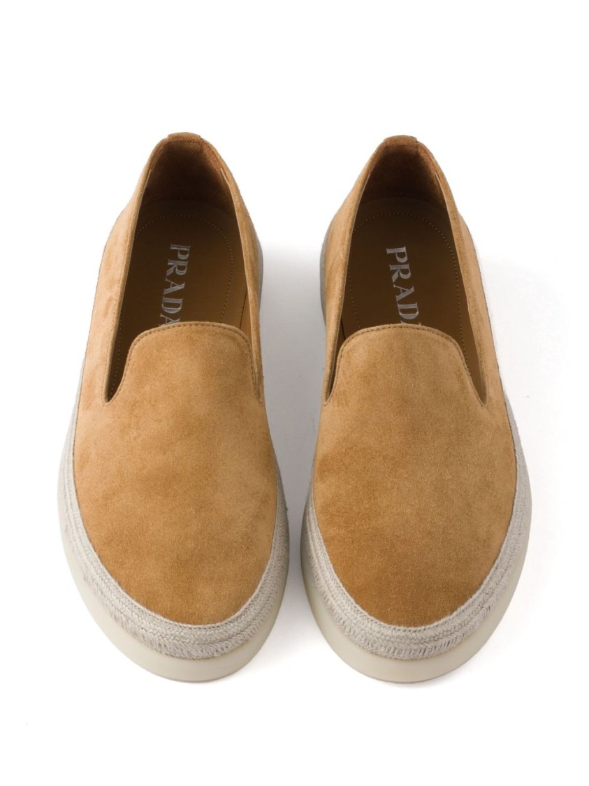 Prada Brown Suede Slip-on Flat Shoes With Textured Sole In Brown