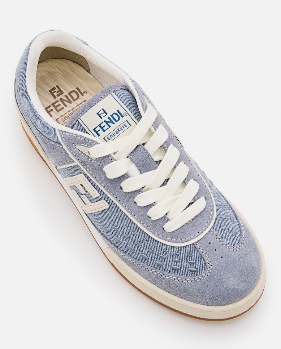 Shop Fendi Denim And Leather Trainers With Embossed Logo In Blue