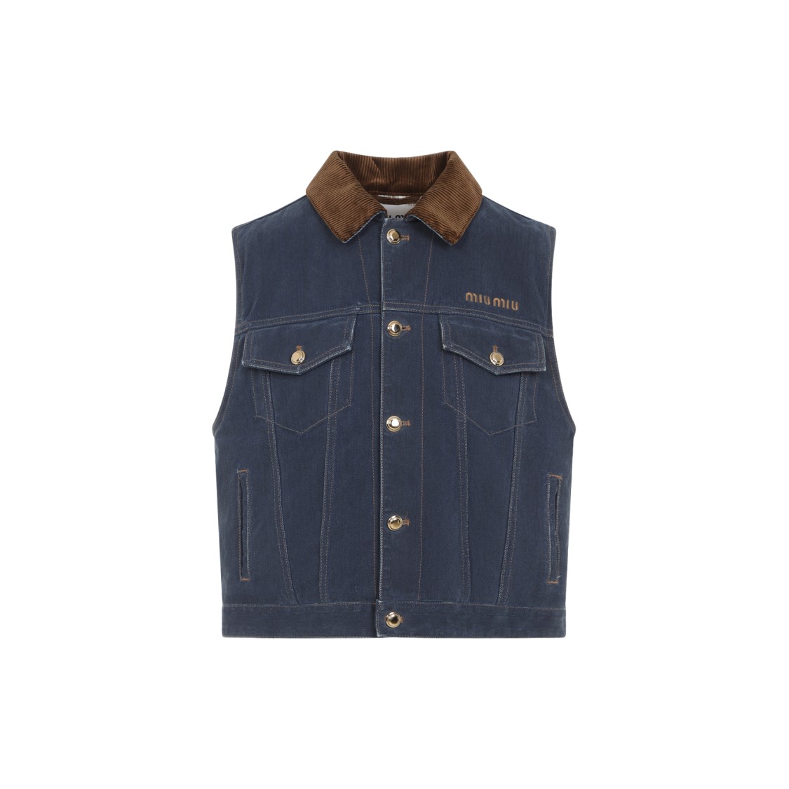 Miu Miu Tailored Denim Vest With Contrasting Corduroy Collar In Gray