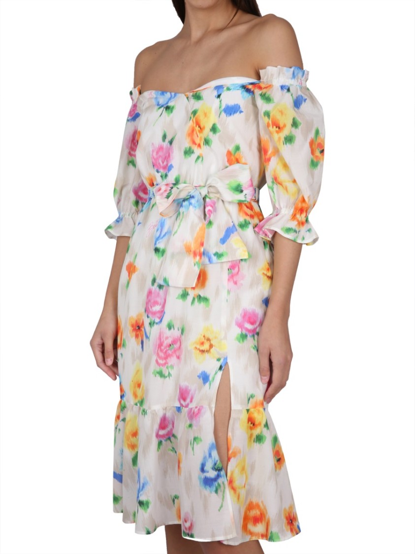 Boutique Moschino Floral Pattern Mini Dress With Boat Neckline And Balloon Sleeves In Pink