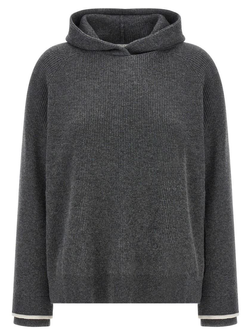 Brunello Cucinelli Ribbed Texture Hooded Sweater With Long Sleeves In Gray