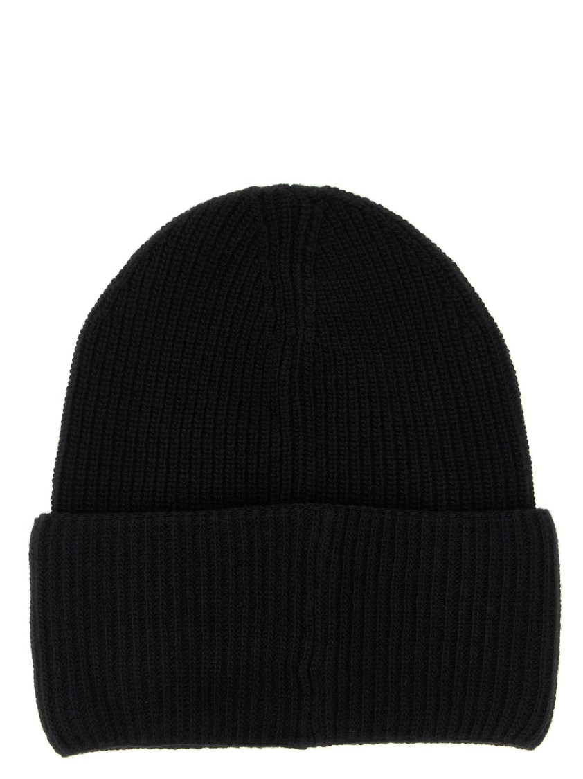Moncler Ribbed Knit Carded Wool Beanie With Felt Logo Patch In Black