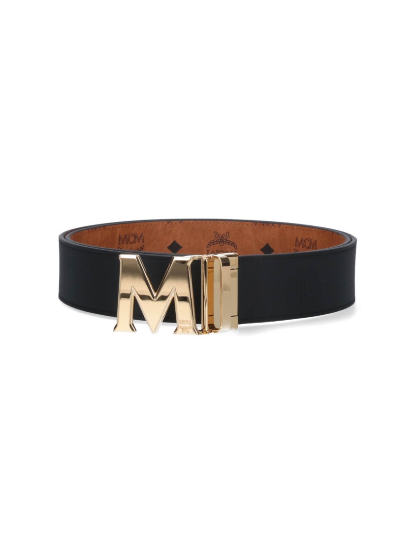 Mcm Adjustable Signature Print Reversible Gold-tone Hardware Belts