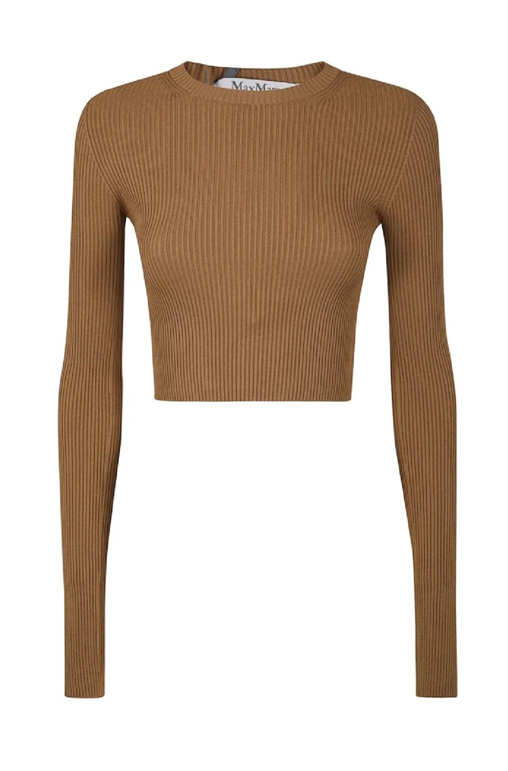Max Mara Ribbed Cropped Top With Fitted Silhouette And Long Sleeves In Brown