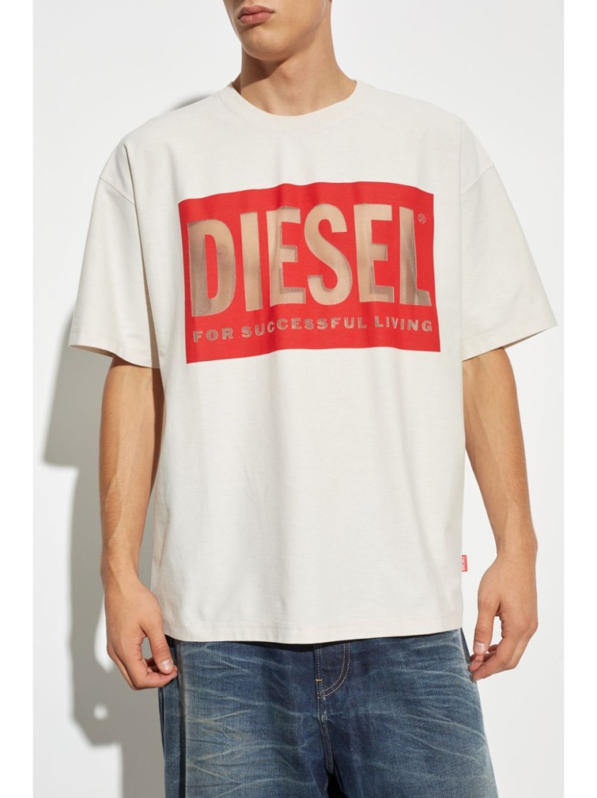 Shop Diesel Graphic T-shirt With Bold Logo And Relaxed Fit In Neutrals