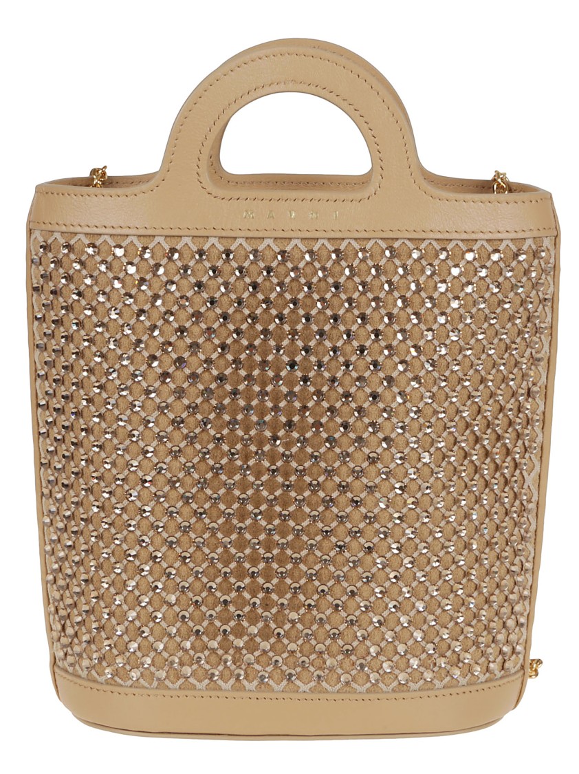 Marni Rhinestone-embellished Calfskin Mini Bucket Bag In Brown