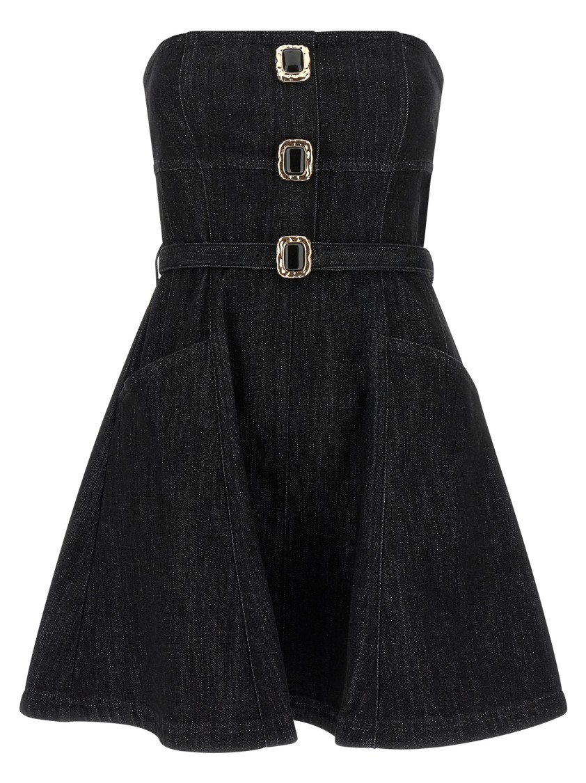 Self-portrait Strapless Black Cotton Denim Mini Dress With Jewel Button Detail In Black