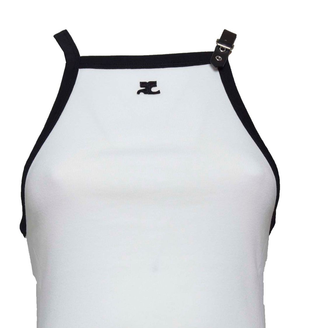 オールインワン・サロペット Courreges White Cotton Buckle Short Dress With Contrast Trim Courrèges White Cotton Buckle Short Dress With Contrast Trim