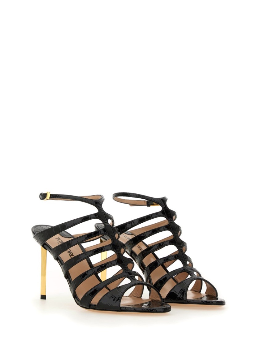 Tom Ford Carine Croc-effect Patent-leather Sandals In Black