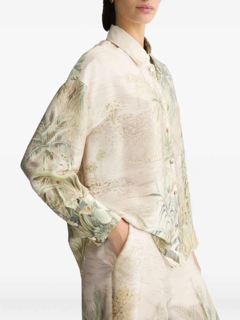 Liu •jo Liu Jo Tropical Print Green Shirt With Classic Collar In Neutrals