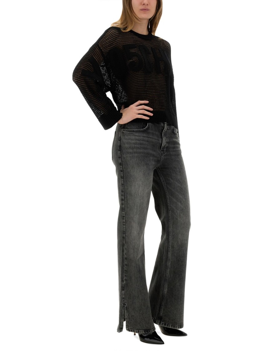 Moschino Logo Mesh Oversize Crew Neck Shirt In Black