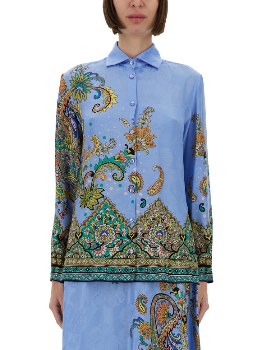 Etro All-over Signature Print Long-sleeved Shirt In Blue