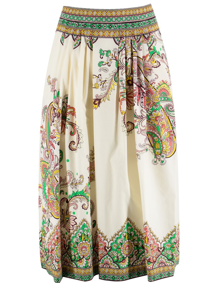 Etro Womens Print On White Base Floral-print High-rise Cotton Midi Skirt
