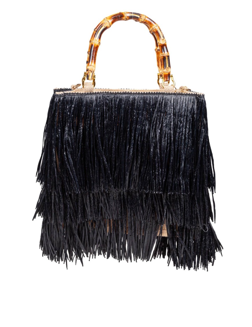 La Milanesa Medium Black Tan Raffia Shopping Bag