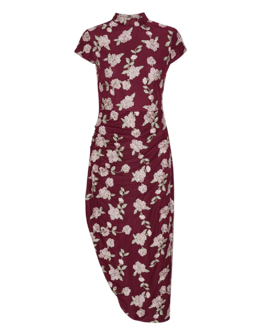 Rotate Birger Christensen Rotate Asymmetric Red Dress With Floral Embroidery And Short Sleeves In Brown