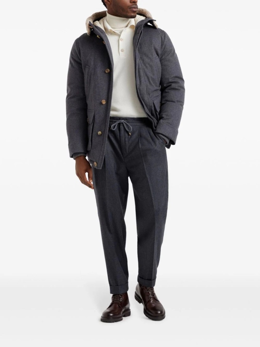 Brunello Cucinelli Hooded Long Length Warm Fabric Front Pockets In Gray