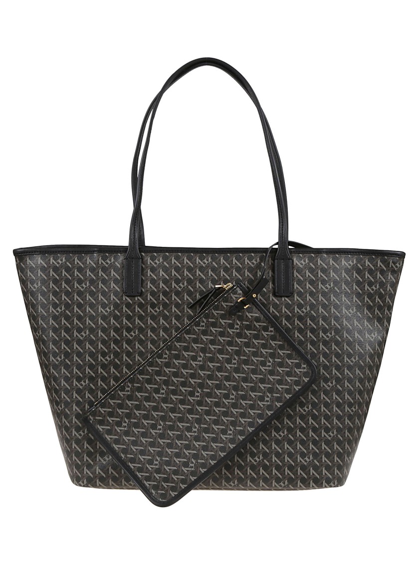 Tory Burch 'ever Ready' Black Tote Bag With Logo Patch On The Front And All-over Double T Motif