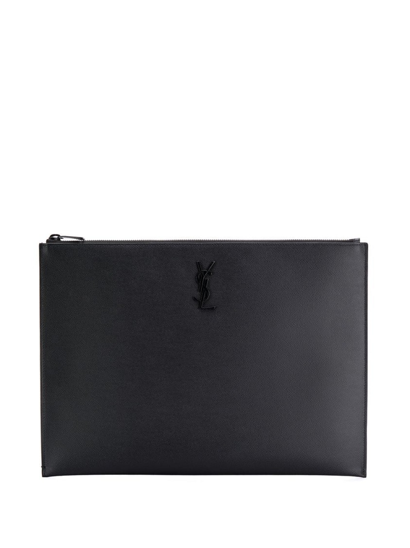 Saint Laurent Monogram Plaque Clutch Bag In Black