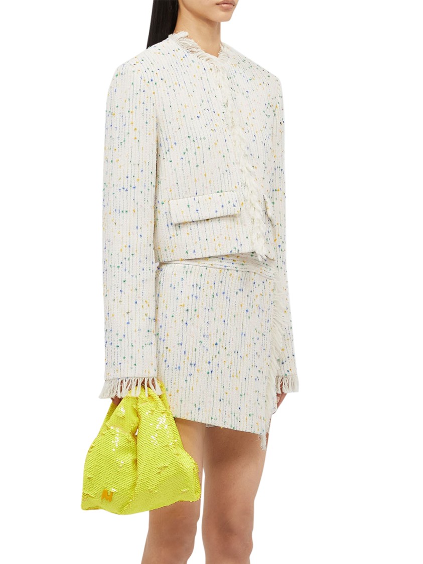 Msgm Cropped Textured Jacket With Fringe Details In White