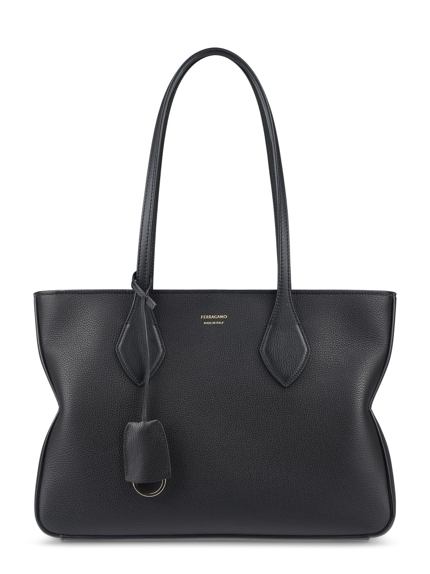 Ferragamo Structured Black Calfskin Handbag With Detachable Charm In Black