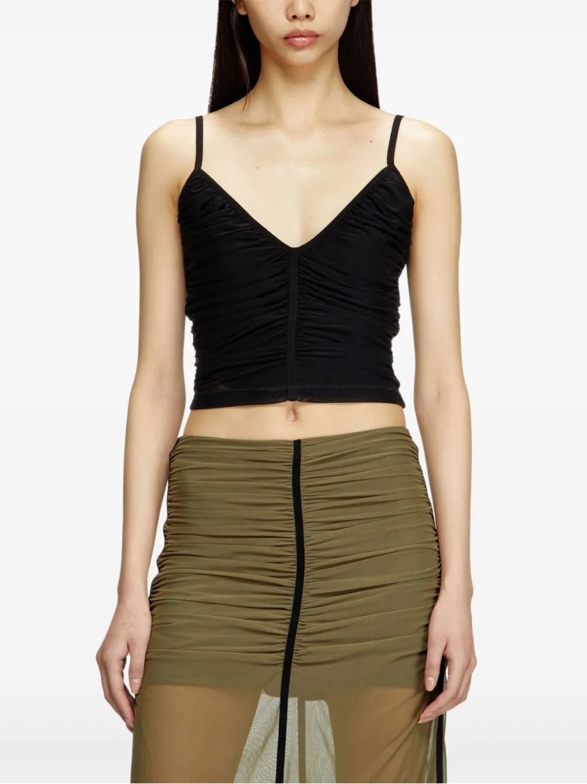 Diesel V-neck Cropped Top With Textured Finish In Black