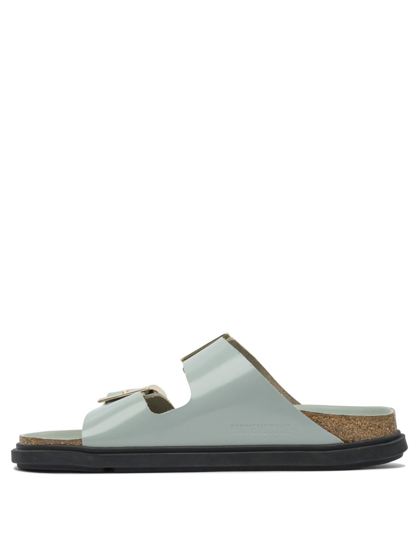 Birkenstock Contoured Leather Sandals With Adjustable Metallic Buckles In Gray