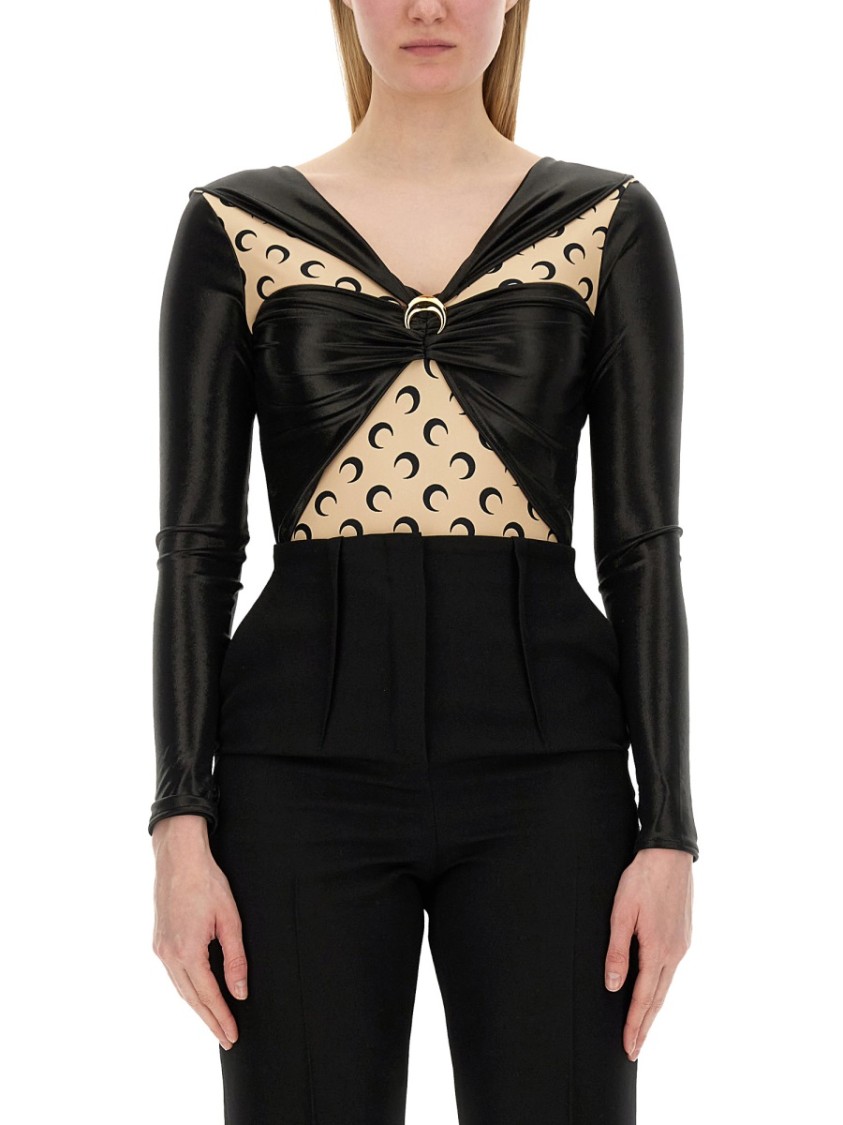 Marine Serre Draped Viscose Bodysuit With Crescent Moon Print Design For Women In Black