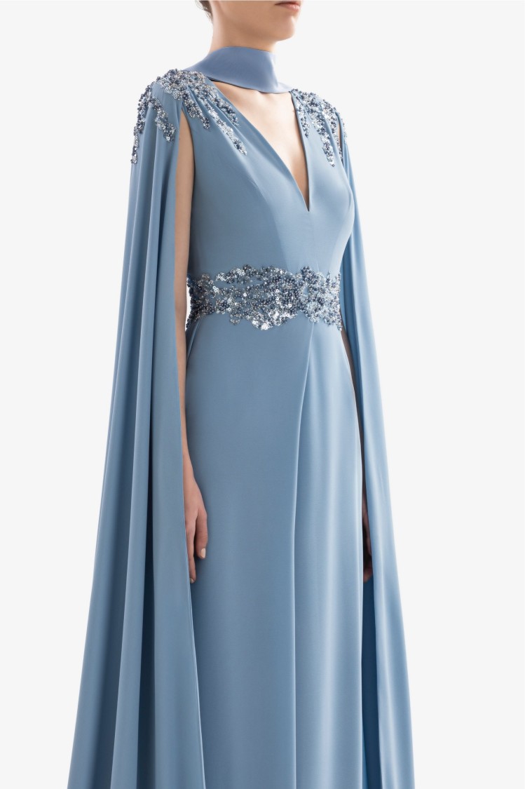 Saiid Kobeisy Crepe Dress With Cape In Blue