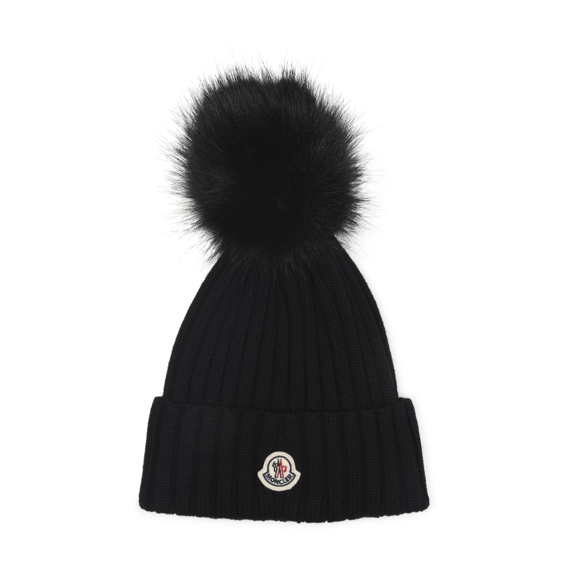 Moncler Ribbed Knit Wool Beanie With Faux Fur Pom-pom In Black