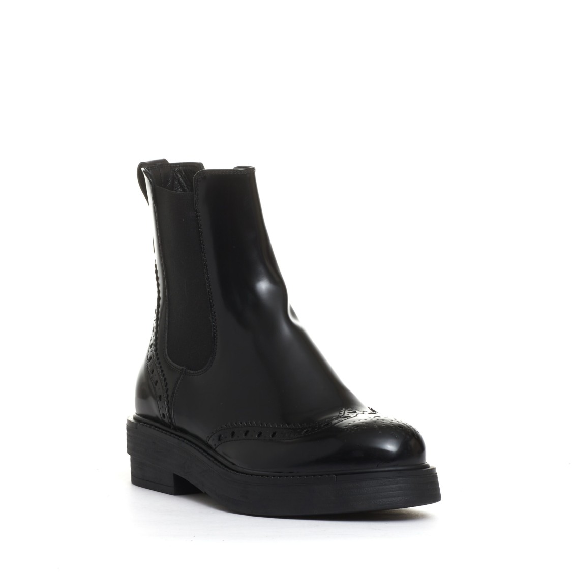 Strategia Black Leather Ankle Boots With Brogue Detailing In Black