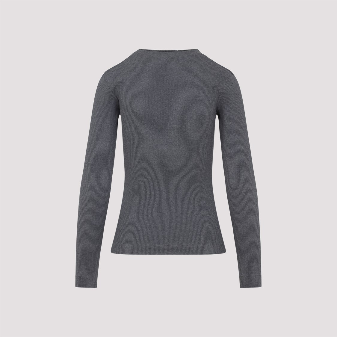 Brunello Cucinelli Ribbed Long Sleeves Top With Contrast Trim In Gray