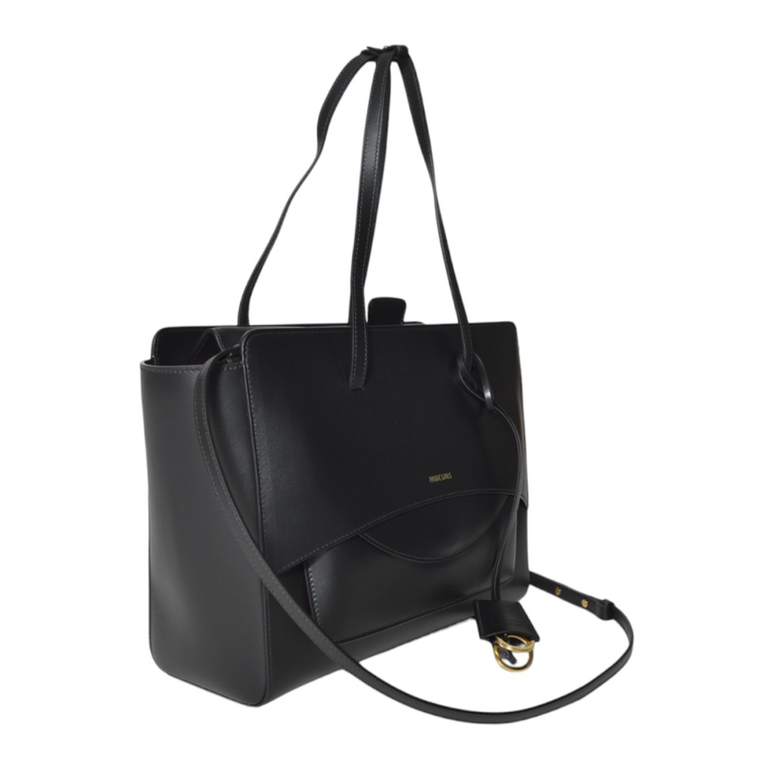 Hidesins Black Leather Flap Shopper Bag L Large In Black