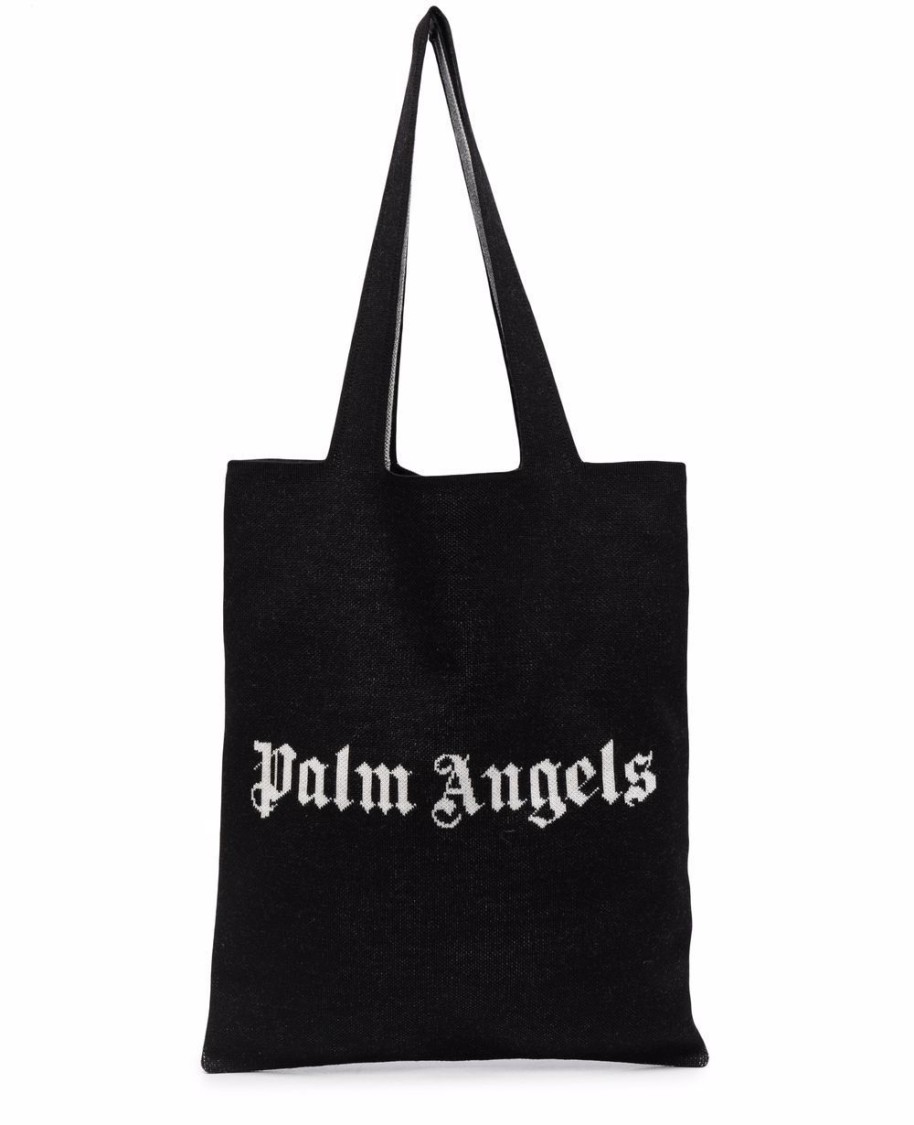 Palm Angels Knit Shopper Logo Tote Bag In Black