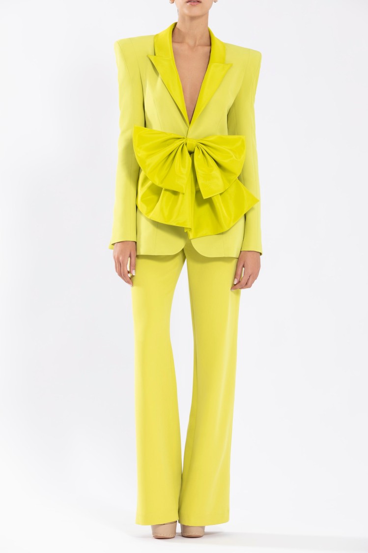 Saiid Kobeisy Crepe Tailored Jacket With Taffeta Collar And Bow In Yellow